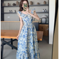 Women's summer blue oil painting floral dress YM1159