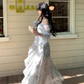 Blue Fairy-Like Ruffle Long-Sleeve Prom Dress Off The Shoulder Party Dress YM2042