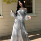 Blue Chiffon Butterfly Gold Foil Ruffle Long Sleeve Party Dress YM2025