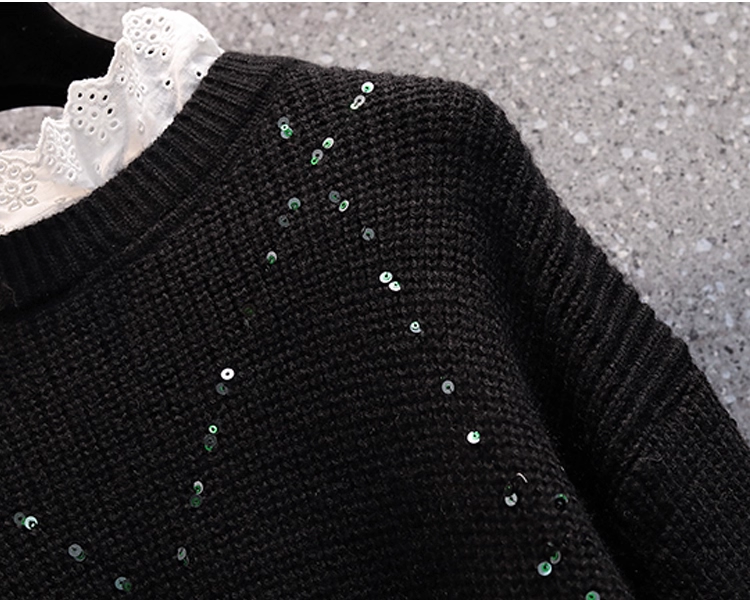 Black Lace Splicing Sweater Fashionable Fake Two-piece Loose Sweater YM2292