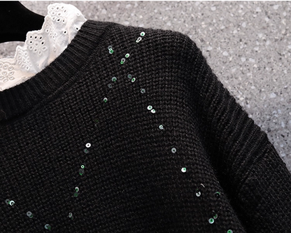 Black Lace Splicing Sweater Fashionable Fake Two-piece Loose Sweater YM2292