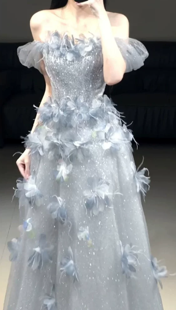 Stunning Pale Blue Tulle Feather Decor Bateau A-Line Long Prom Dress Evening Dress YM2628