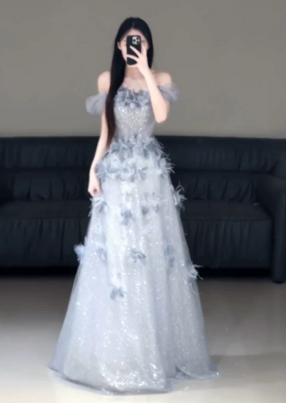 Stunning Pale Blue Tulle Feather Decor Bateau A-Line Long Prom Dress Evening Dress YM2628