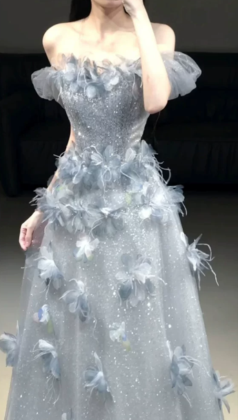 Stunning Pale Blue Tulle Feather Decor Bateau A-Line Long Prom Dress Evening Dress YM2628