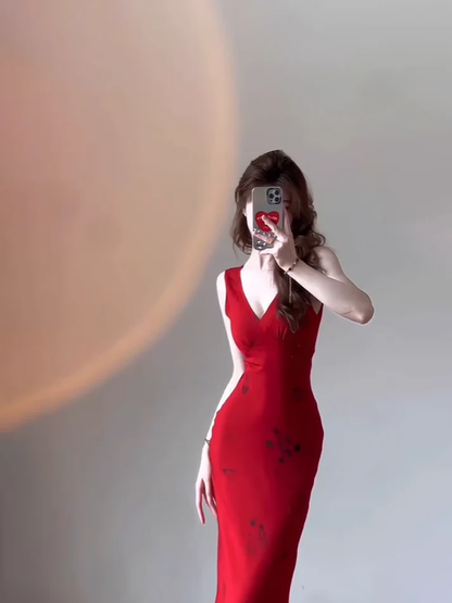 Sexy Red V Neck Long Prom Dress Birthday Dress YM1616