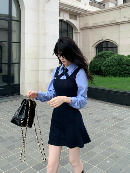 College Style Striped Shirt Fake Short Two Piece Dress Women's New YM2035