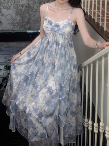 Blue High Waist Ruffled Sequin Print Floral Straps Birthday Party Dress YM2029