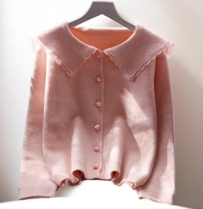 Pink Lace Doll Collar Short Sweater Jacket New Japanese Style Sweet Knitted Sweater YM2383