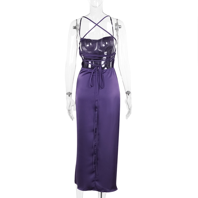 Sexy Purple Satin Birthday Dress High-end Straps Sheath Long Holiday Dress YM2267