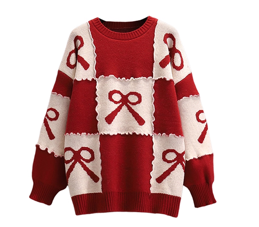 Red Loose Pullover Sweater Coat Lazy Style Bow Knitted Sweater YM2287