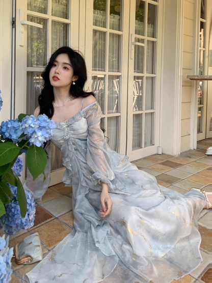 Blue Chiffon Butterfly Gold Foil Ruffle Long Sleeve Party Dress YM2025