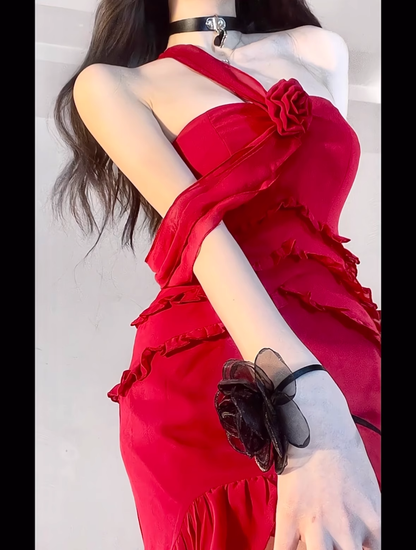 Sexy Red Rose Flower Chiffon Halter Neck strapless Holiday Dress Birthday Outfits YM2129