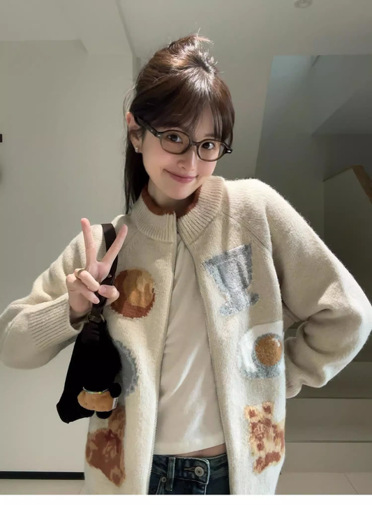 Beige Knitted Cardigan Zipper Jacquard Loose Sweater Jacket YM2396