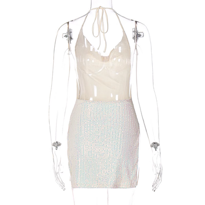 women's new hanging neck tie slit sequin dress sexy dress ,YM22