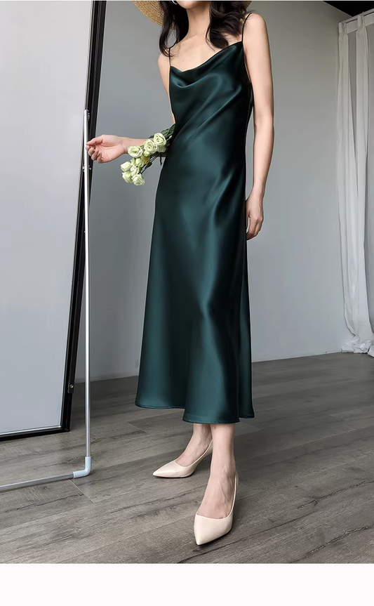 Elegant Dark Green Spaghetti Straps Satin Long Party Dress Holiday Dress YM2437