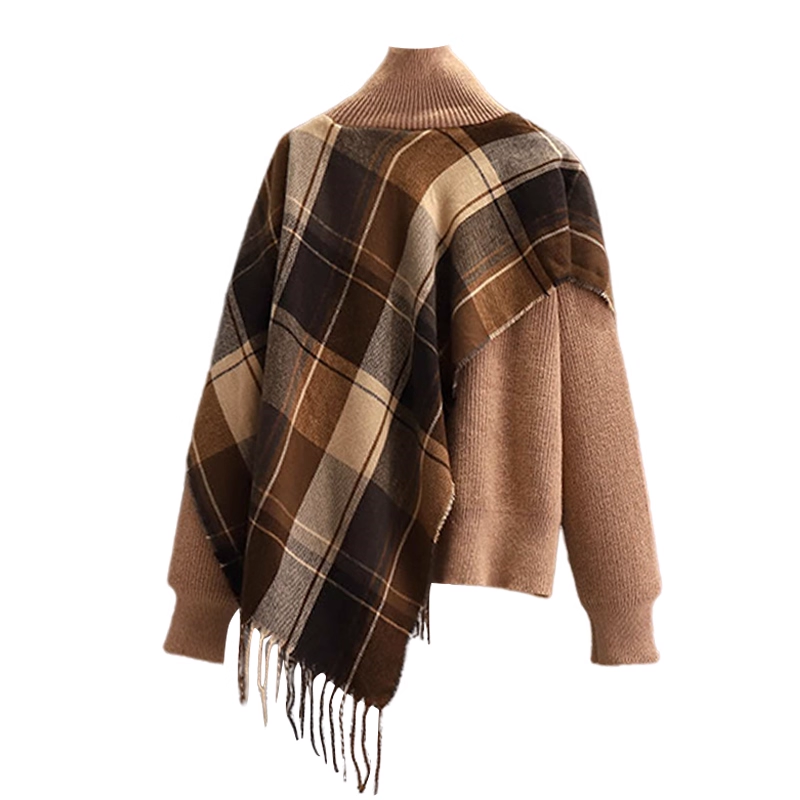 Fake Two-Piece Plaid Tassel Shawl Sweater Autumn Fashion Slim Temperament Knitted Jacket YM2296