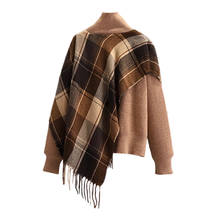 Fake Two-Piece Plaid Tassel Shawl Sweater Autumn Fashion Slim Temperament Knitted Jacket YM2296