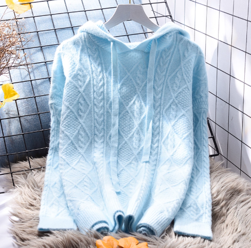 Sky Blue Hooded Cable Pullover Sweater Soft And Stylish Knitted Sweater YM2364