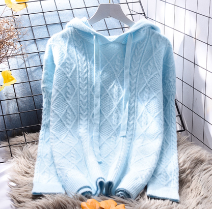 Sky Blue Hooded Cable Pullover Sweater Soft And Stylish Knitted Sweater YM2364