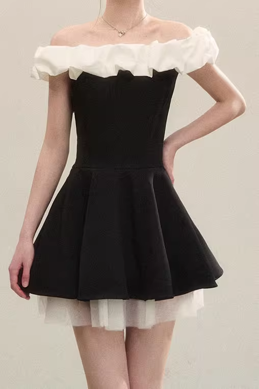 Classy Off The Shoulder ALine Short Dress Black Holiday Dress  YM2164