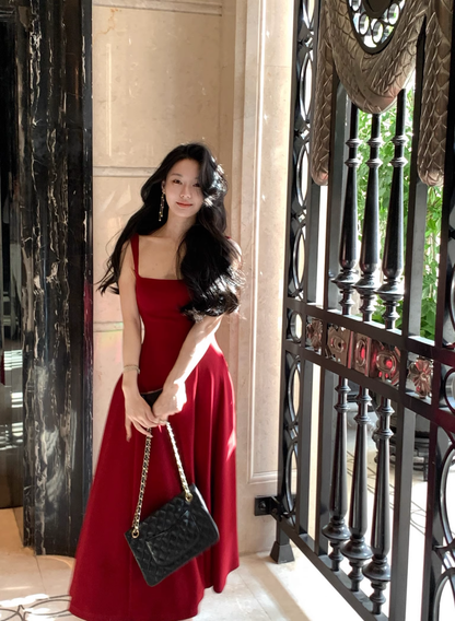Red U-Neck Suspender Birthday Dress Long A Line Party Dress  YM2055