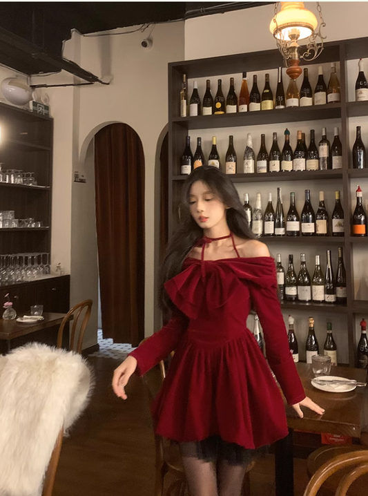 Cute Halter Long-sleeves Burgundy Velvet Short Dress Birthday Dress YM1741