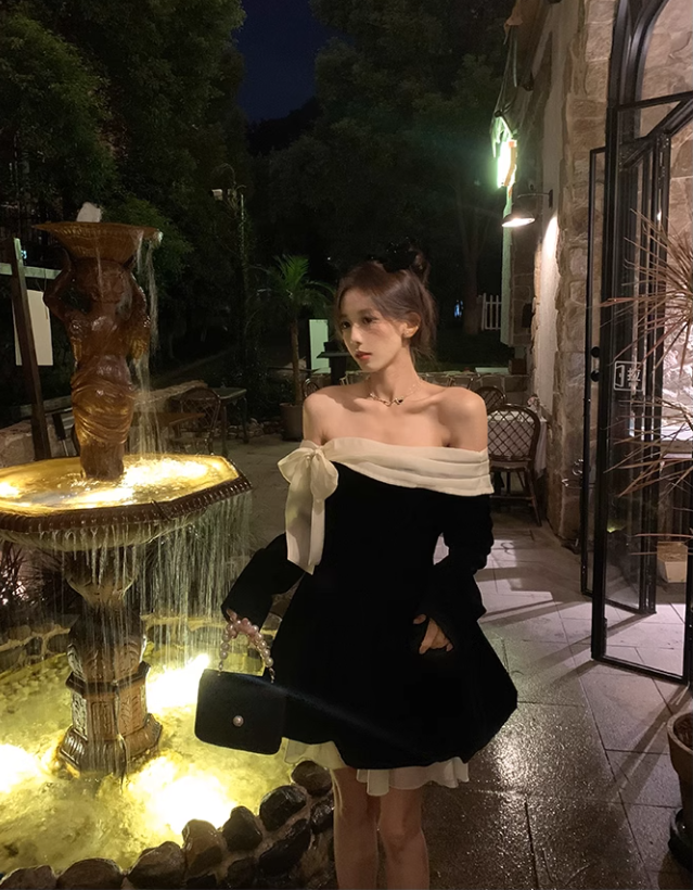Black Velvet Short Dress Annual Party Birthday Dress YM1756