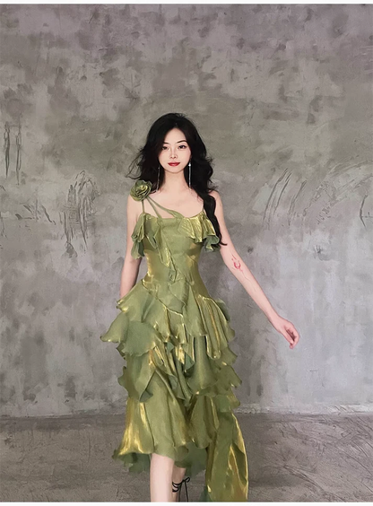 Irregular Ruffled Suspender Prom Dress Green Long Birthday Dress YM1628