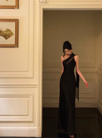 Elegant Black Ribbon Prom Dress French Lace Satin Long Dress YM1618