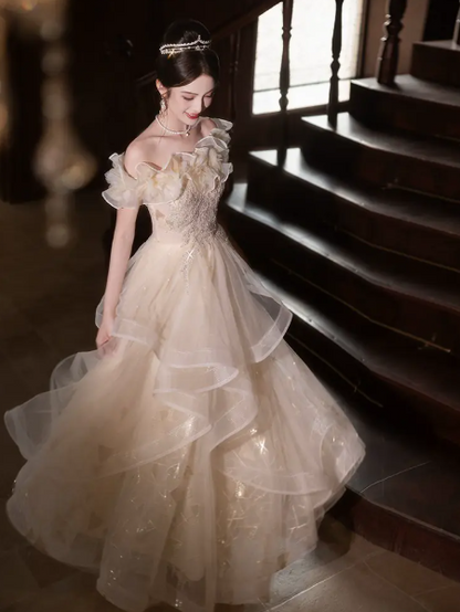 Puffy Champagne Tulle Sequins Bateau A-Line Maxi Prom Dress Birthday Dress Ball Gown YM2704