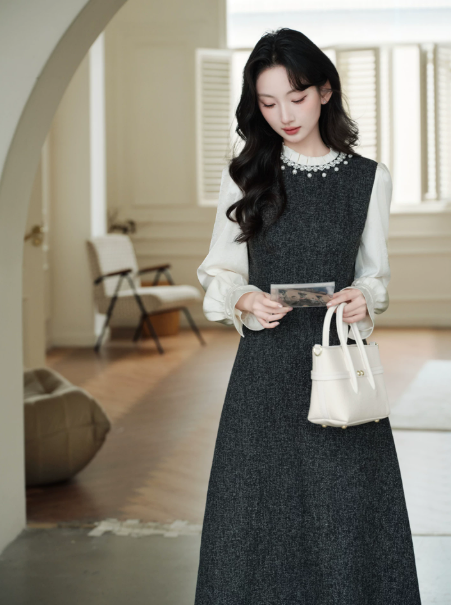 Minimalist Black and White Patchwork Beaded High Collar A-Line Corset Maxi Women Dress Holiday Dress YM2749