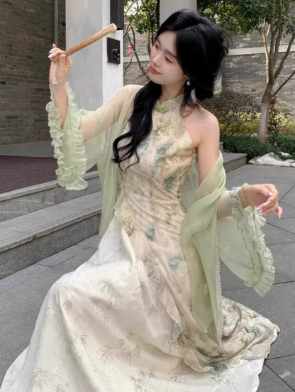 Hazy Soft Green Chiffon Flowy High Collar A-Line Maxi Women Dress Holiday Dress YM2741
