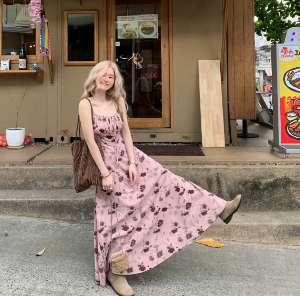 Stunning Dusty Pink Floral Chiffon Flowy Spaghetti Straps A-Line Maxi Women Dress Holiday Dress YM2724