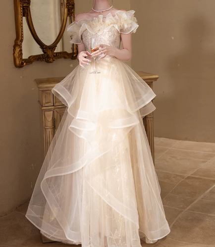 Puffy Champagne Tulle Sequins Bateau A-Line Maxi Prom Dress Birthday Dress Ball Gown YM2704