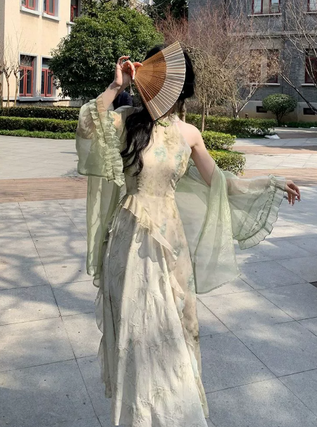 Hazy Soft Green Chiffon Flowy High Collar A-Line Maxi Women Dress Holiday Dress YM2741