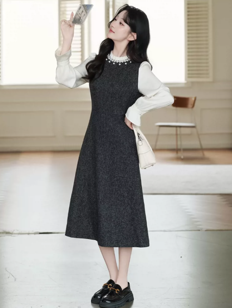Minimalist Black and White Patchwork Beaded High Collar A-Line Corset Maxi Women Dress Holiday Dress YM2749