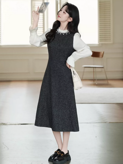 Minimalist Black and White Patchwork Beaded High Collar A-Line Corset Maxi Women Dress Holiday Dress YM2749