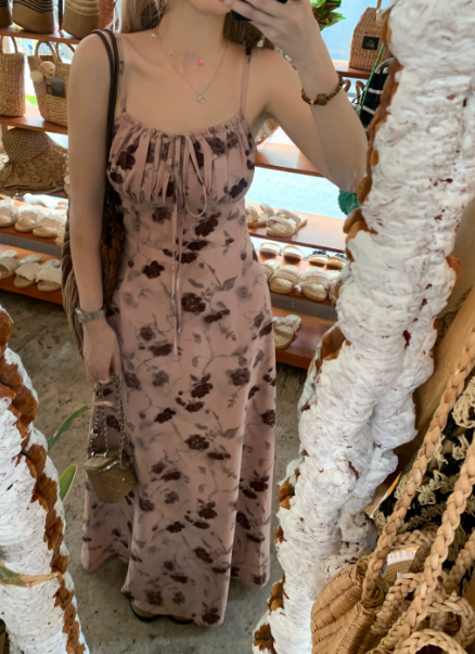 Stunning Dusty Pink Floral Chiffon Flowy Spaghetti Straps A-Line Maxi Women Dress Holiday Dress YM2724