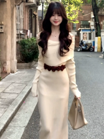Gentle Ivory Waist Fitted Bateau Sheath Maxi Women Dress Holiday Dress YM2714