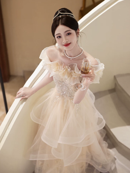 Puffy Champagne Tulle Sequins Bateau A-Line Maxi Prom Dress Birthday Dress Ball Gown YM2704