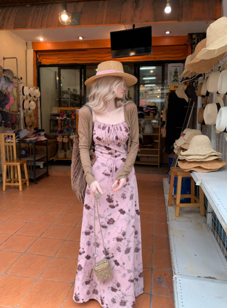 Stunning Dusty Pink Floral Chiffon Flowy Spaghetti Straps A-Line Maxi Women Dress Holiday Dress YM2724