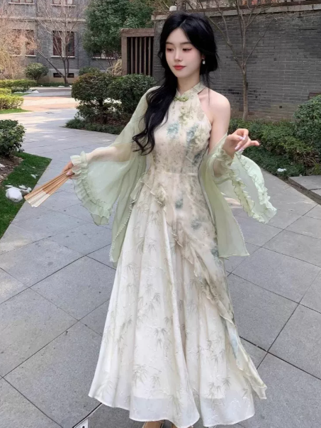 Hazy Soft Green Chiffon Flowy High Collar A-Line Maxi Women Dress Holiday Dress YM2741