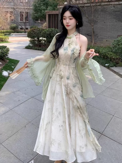 Hazy Soft Green Chiffon Flowy High Collar A-Line Maxi Women Dress Holiday Dress YM2741