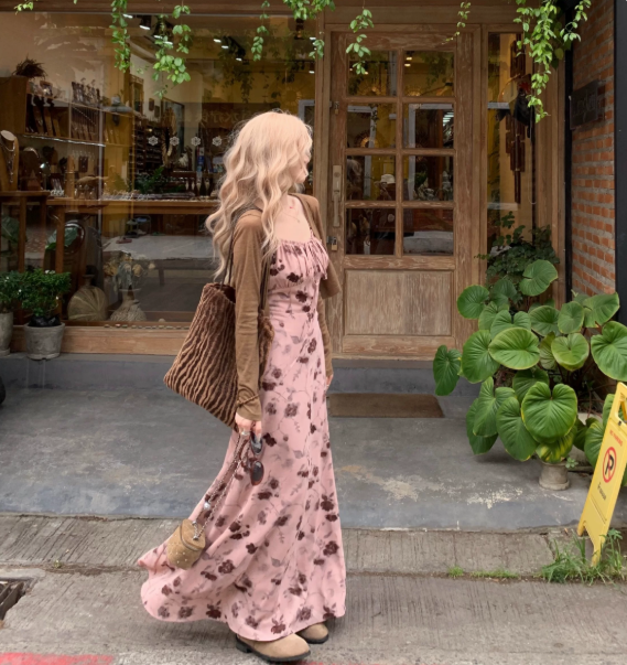 Stunning Dusty Pink Floral Chiffon Flowy Spaghetti Straps A-Line Maxi Women Dress Holiday Dress YM2724
