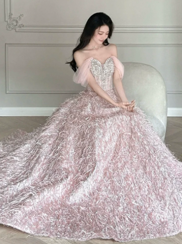Stunning Blush Pink Satin Feather Decor Off-the-shoulder A-Line Long Prom Dress Birthday Dress YM2629