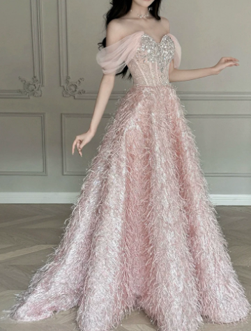 Stunning Blush Pink Satin Feather Decor Off-the-shoulder A-Line Long Prom Dress Birthday Dress YM2629