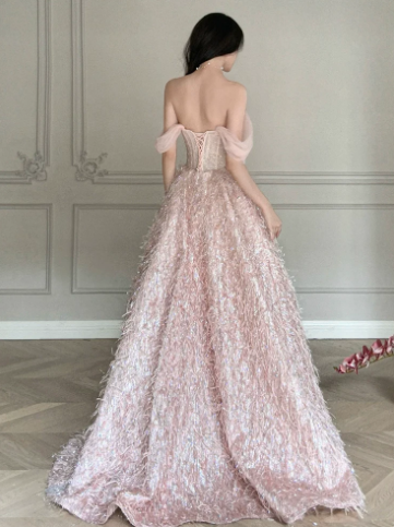 Stunning Blush Pink Satin Feather Decor Off-the-shoulder A-Line Long Prom Dress Birthday Dress YM2629