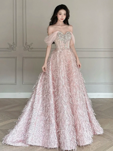 Stunning Blush Pink Satin Feather Decor Off-the-shoulder A-Line Long Prom Dress Birthday Dress YM2629