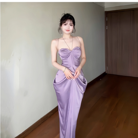 Purple Satin Sexy Backless Straps Birthday Party Dress Long Holiday Dress YM2265