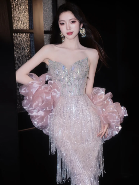 Glitter Blush Pink Tassel Decor Sweetheart A-Line Long Prom Dress Birthday Dress YM2630